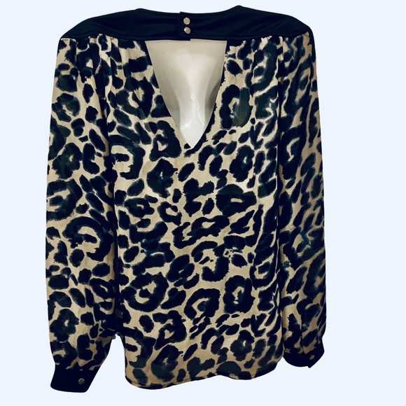 UK2LA Leopard Print Blouse Cool Blue Hue Vegan Leather Trim Gold Buttons - Picture 2 of 14